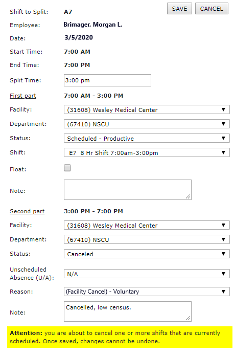 Split Assignment Screen: Second Part of Shift Cancelled